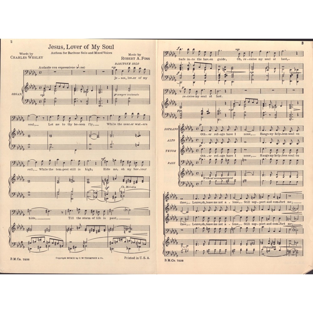 Vintage Jesus Lover of My Soul Sheet Music Robert A Foss Boston Music Co 1616 - Picture 2 of 2